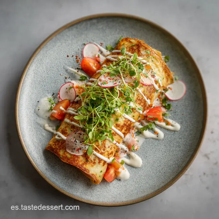 Thin, delicate crepes artfully arranged on a white plate, topped with a drizzle of rich sauce.