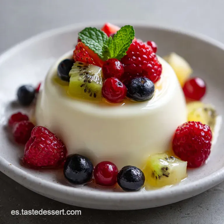 An elegant panna cotta, unmolded to reveal its wobbly form, drizzled with crimson berry sauce.