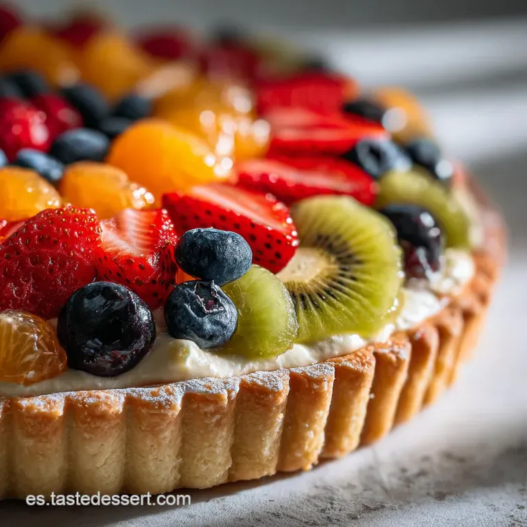 Elegant slice of French tart with glossy fruit, resting on a white plate. A delicate dusting of powdered sugar completes t...