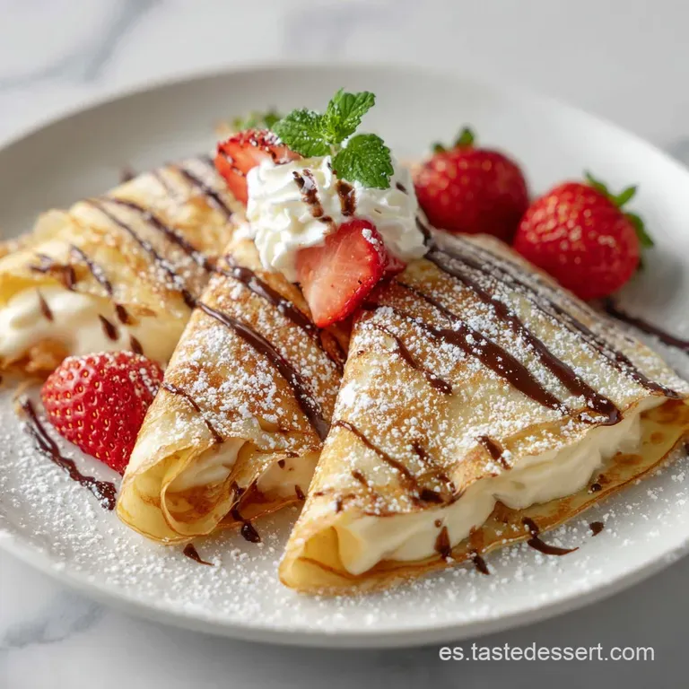 Delicate crepe elegantly folded, revealing a creamy filling, topped with a vibrant mix of berries and a dusting of powdere...