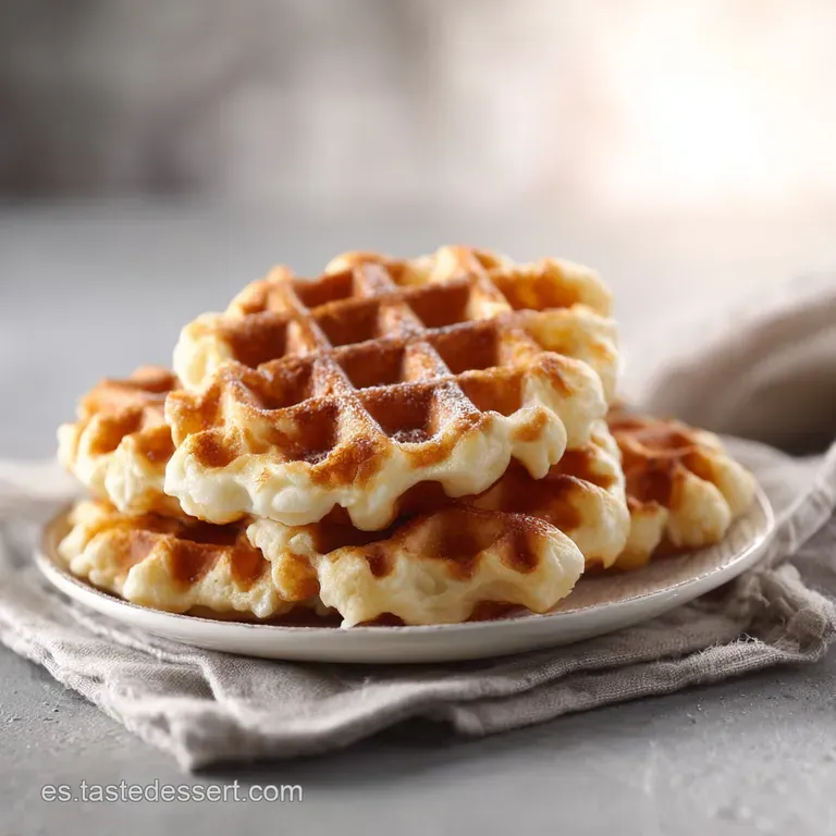 Warm waffles stacked high, drizzled with maple syrup and topped with fresh berries.