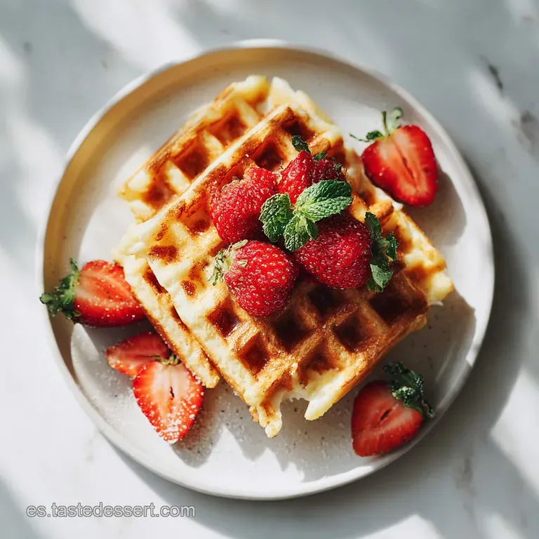 A stack of fluffy waffles drizzled with syrup and topped with fresh berries.
