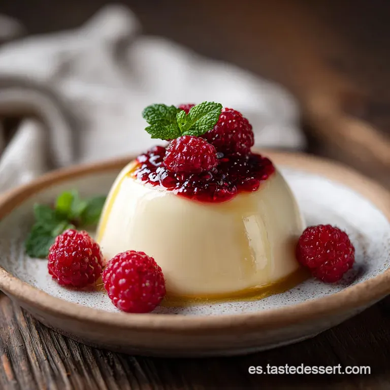 Elegant panna cotta dessert on a white plate, drizzled with ruby red berry compote. A sprig of mint adds a fresh, green co...