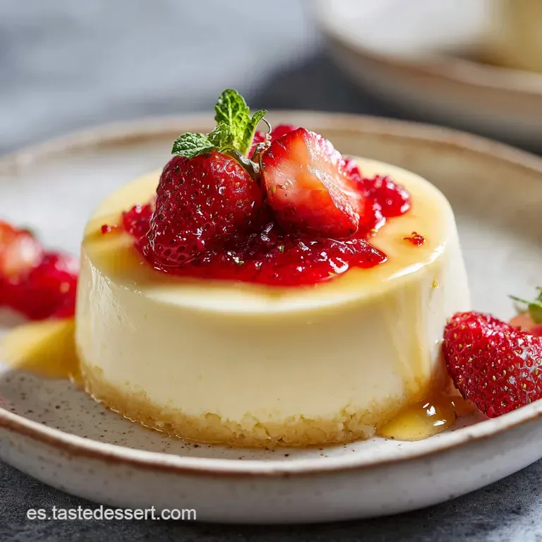 Slice of creamy cheesecake on a white plate, topped with vibrant red berries and a light dusting of powdered sugar.