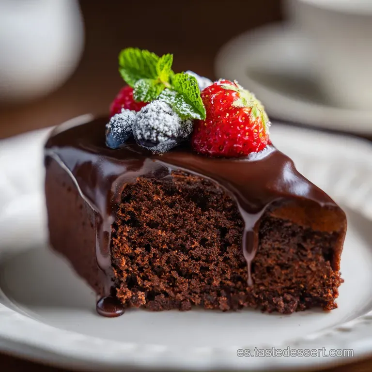A slice of smooth, intensely dark chocolate cake resting on a white plate, adorned with a single raspberry.