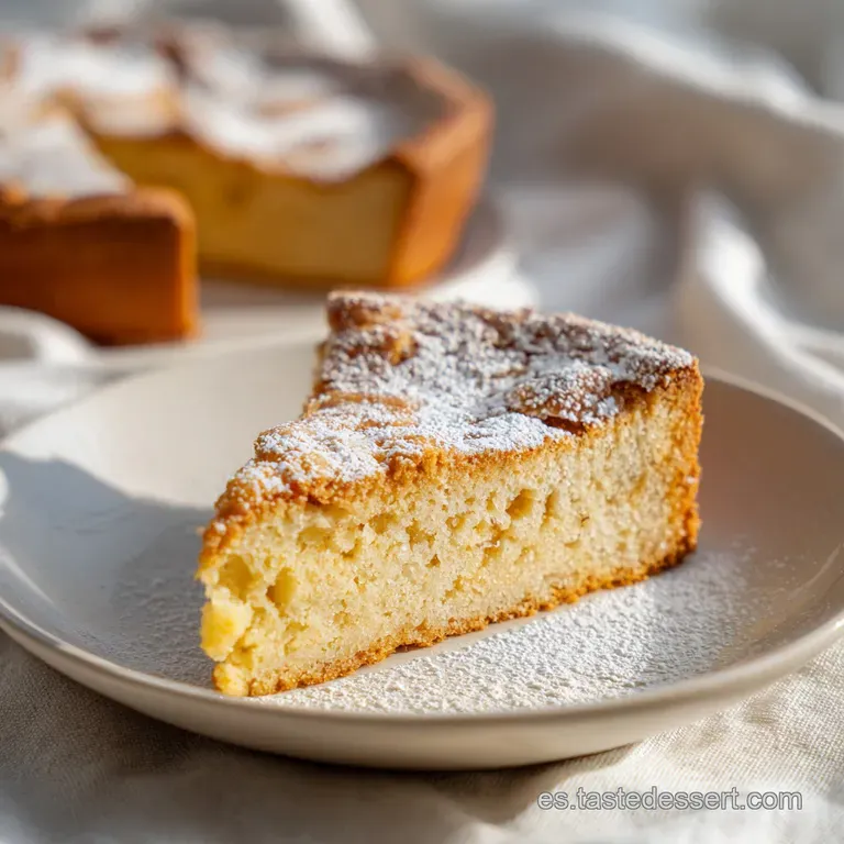 A single slice of the textured almond cake, showcasing its crumb on a white plate with a fork.