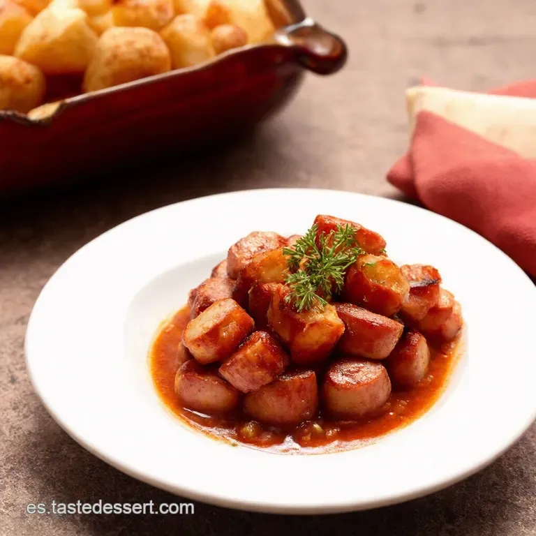 Salchichas Bravas al Vino Tinto con Patatas Bravas