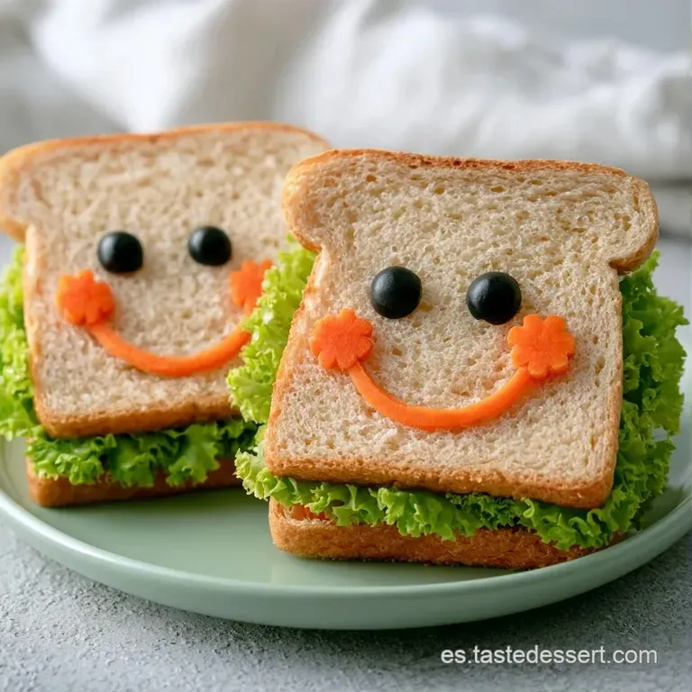 Sándwiches divertidos sobre plato blanco, decorados con vegetales frescos y brillantes que forman expresiones alegres.