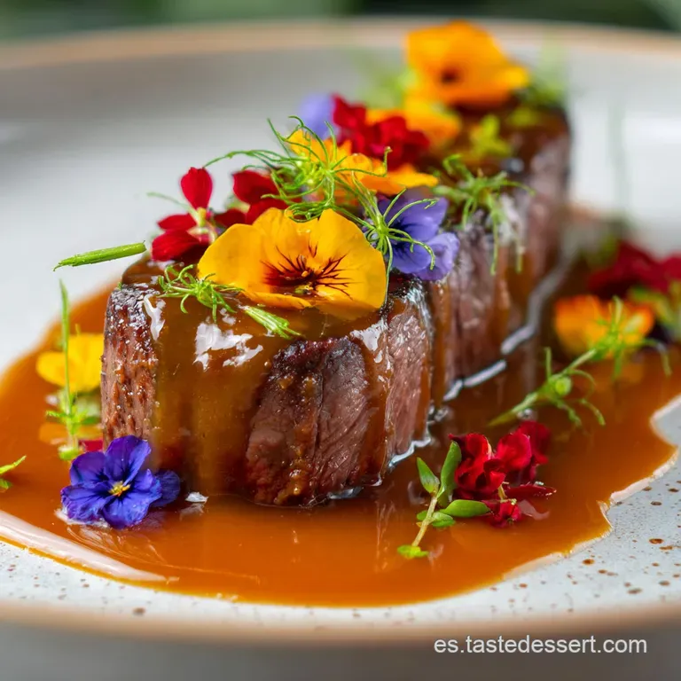 Elegant plating of tender pork in rich, dark sauce, artfully arranged with rustic potatoes, hints of fresh herbs, a visual...