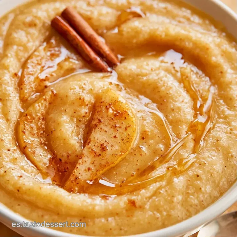 Crema sedosa color marfil en plato minimalista, adornada con una pizca de canela oscura y pera caramelizada encima.