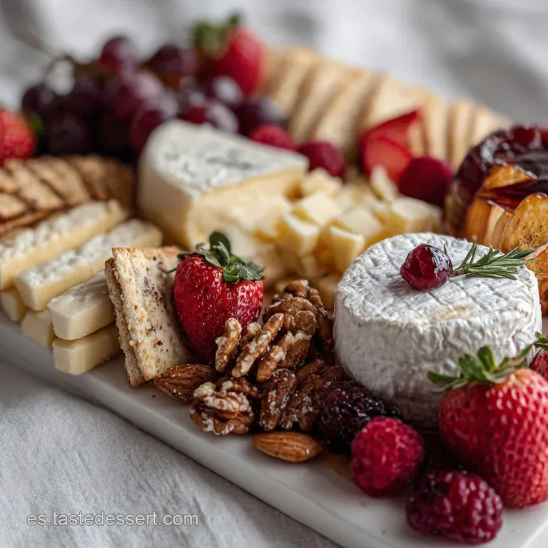 Elegant cheese plate: curated cheeses, olives, rosemary sprigs. Soft lighting highlights the textures of the wedges.
