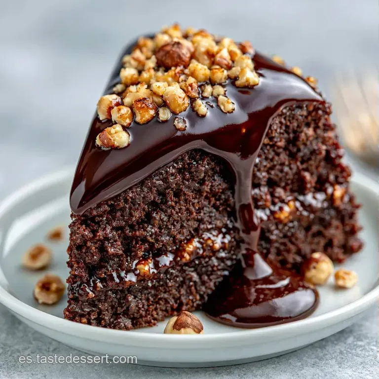 Porción de tarta cremosa de chocolate en plato blanco, adornada con avellanas enteras y un toque de azúcar glas fino.