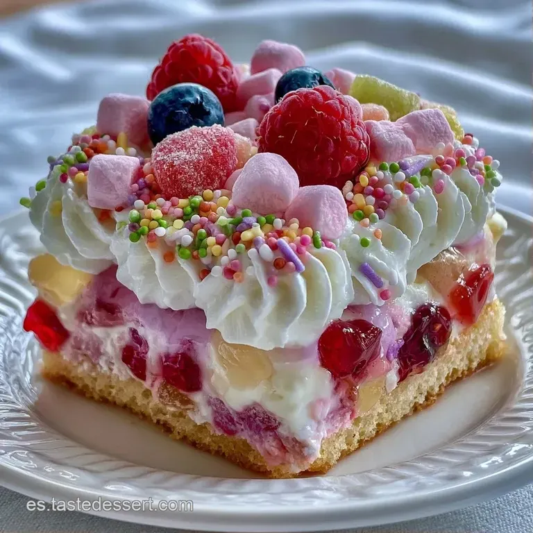 Porci&oacute;n de tarta cremosa sobre plato blanco, destacando capas suaves y gominolas transl&uacute;cidas de colores vivos.