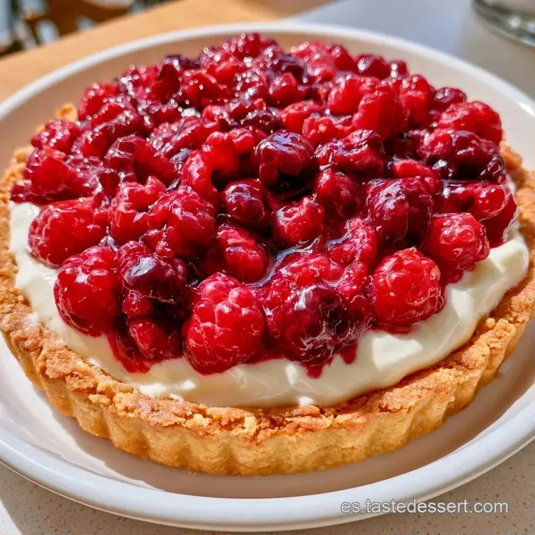 Postre minimalista en plato blanco con frutos rojos intensos, gotas de almíbar cristalino y un toque de crema aterciopelada.