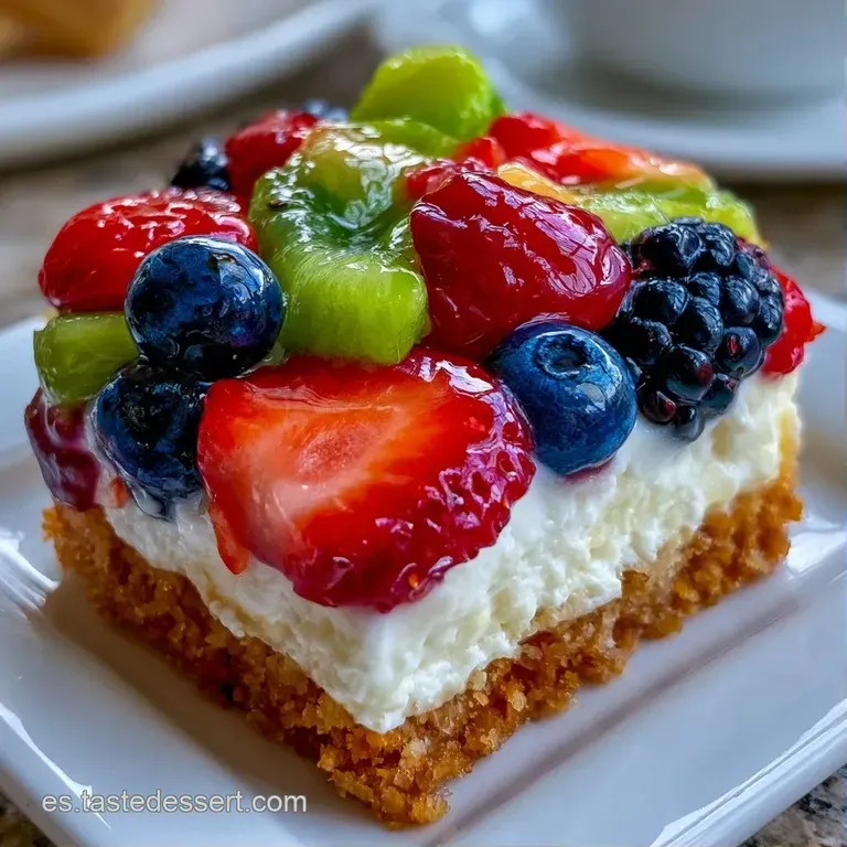 Rebanada de pastel con frutas vibrantes y gelatina translúcida servida con elegancia sobre un plato de cerámica.