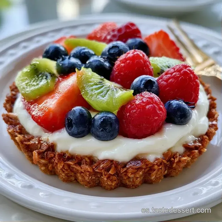 Porción de tarta sobre plato blanco con una hoja de menta, base crujiente y frutas alineadas con colores vibrantes.