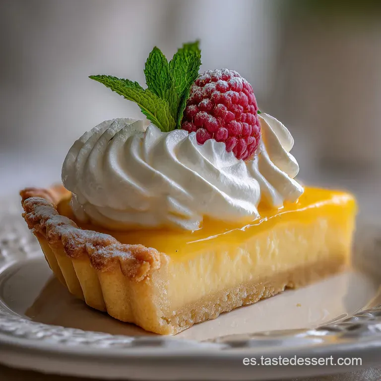 Slice of bright lemon tart with a flaky crust, artfully plated with a sprig of fresh mint and a dusting of zest.