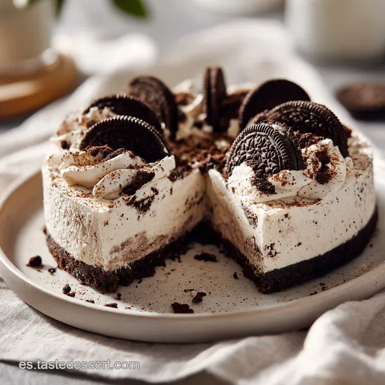 Slice of Oreo tarta on a white plate, revealing layers of cream and cookie. Chocolate dusting adds a touch of elegance.