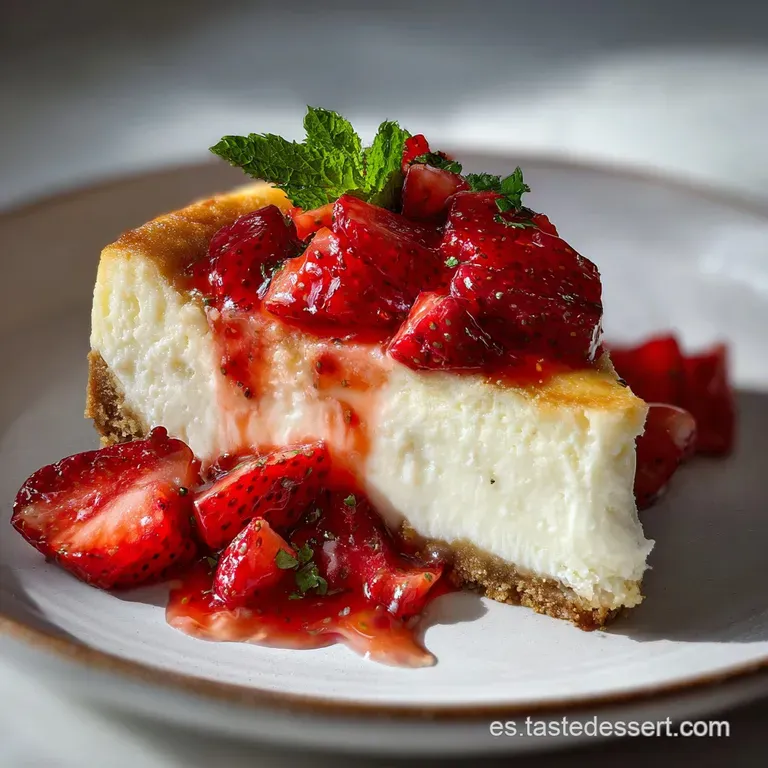 Slice of creamy cheesecake on a white plate, garnished with a sprig of mint and bright, fresh raspberries, ready to eat.