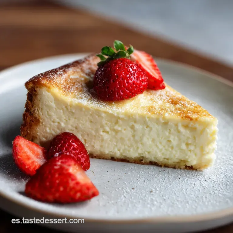 Slice of creamy baked cheesecake on a white plate, topped with a bright red berry sauce. A tempting and delectable dessert.