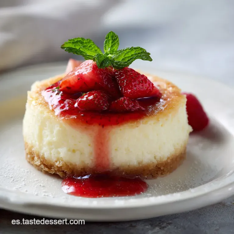 A slice of creamy cheesecake on a white plate, garnished with fresh raspberries and a sprig of mint, showcasing its smooth...