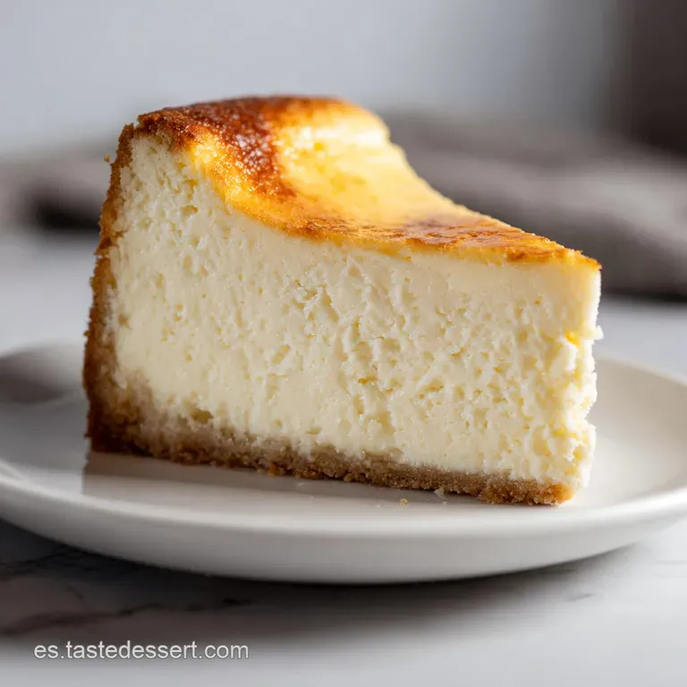 Slice of creamy cheesecake on a white plate, dusted with powdered sugar. Airy, light, and elegant presentation.