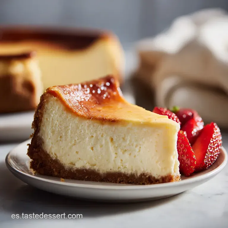 Slice of smooth cheesecake on a white plate, garnished with fresh raspberries and a dusting of powdered sugar. Inviting an...
