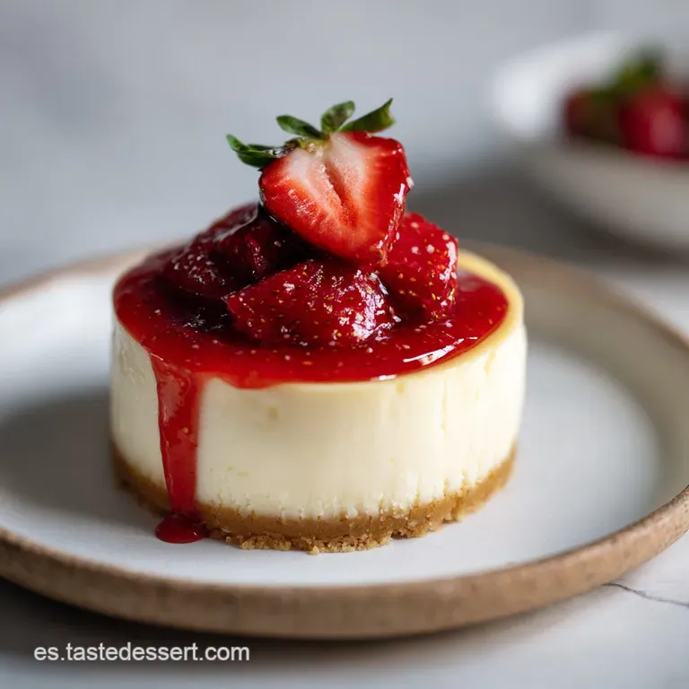 Slice of creamy cheesecake on a white plate, drizzled with caramel and topped with fresh berries, inviting a sweet indulge...