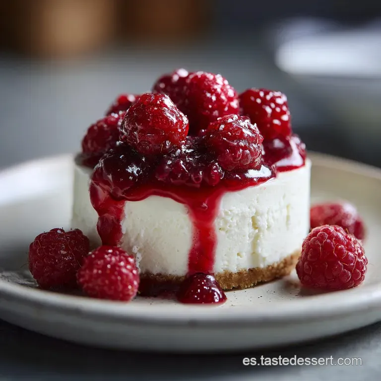 Slice of smooth, white cheesecake topped with bright red berries, elegantly plated with a dusting of powdered sugar.