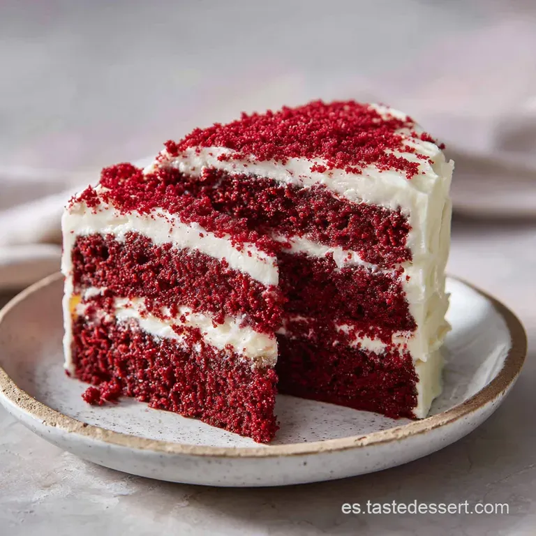 Slice of moist red velvet tart on a white plate, topped with delicate cream cheese frosting and bright red berries, entici...