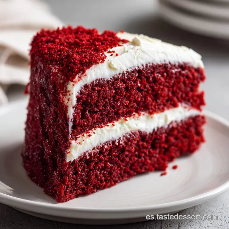 Slice of rich red velvet cake on a plate. Creamy, soft layers are visible with a dollop of icing and a berry garnish.