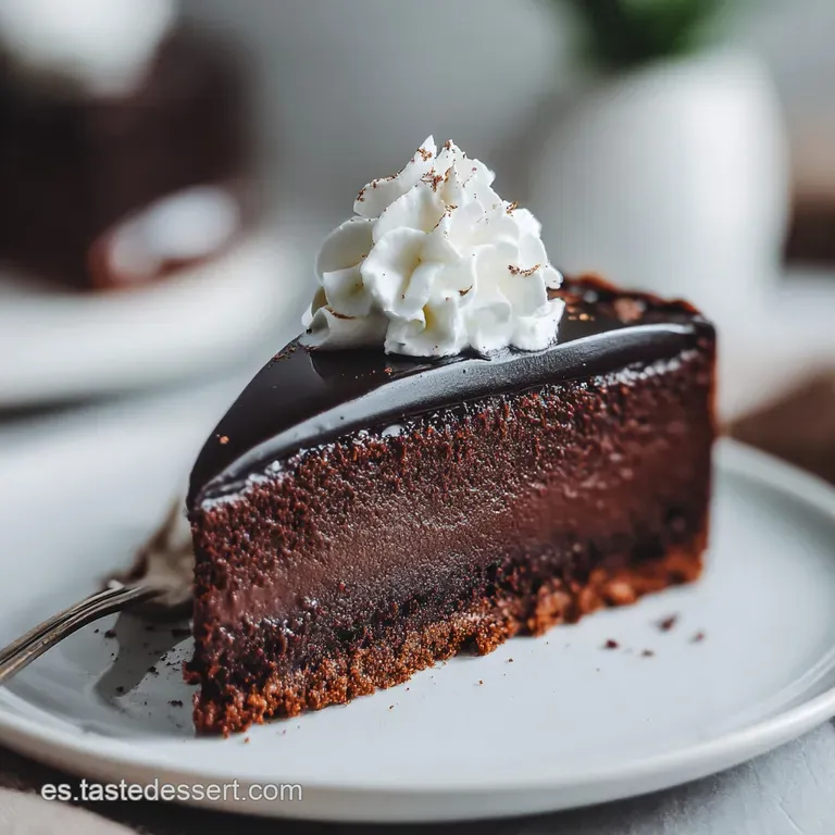 Porci&oacute;n de pastel de chocolate oscuro sobre plato blanco, acompa&ntilde;ada de una nube de nata montada blanca, densa y suave.