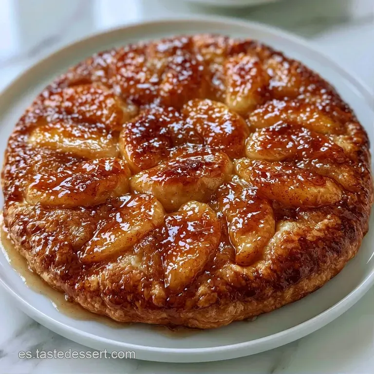 Porción de manzana glaseada color ámbar sobre plato blanco, acompañada de una nube de crema blanca y suave.