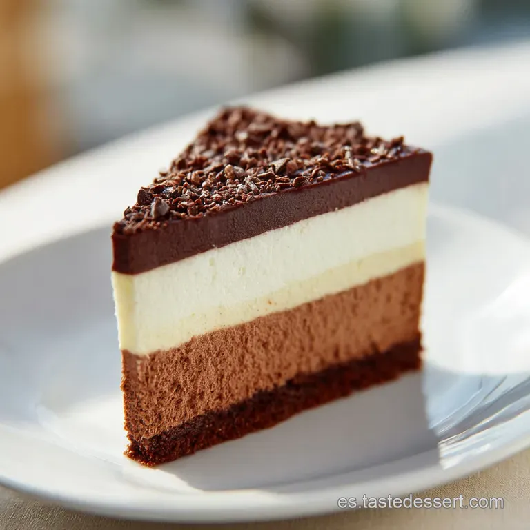 Slice of triple chocolate tart with defined layers on a white plate. Cocoa powder dusting adds a matte contrast to the shine.