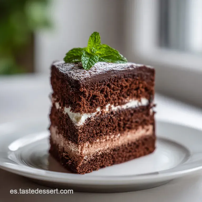 Slice of three chocolate torte on a white plate, dusted cocoa powder. Elegant fork ready for a bite. Decadent creamy layers.