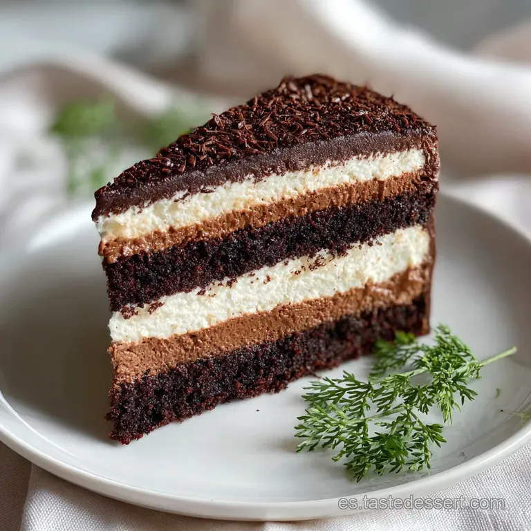 A slice of multi-layered chocolate tart sits elegantly on a white plate, drizzled with chocolate sauce and garnished with ...