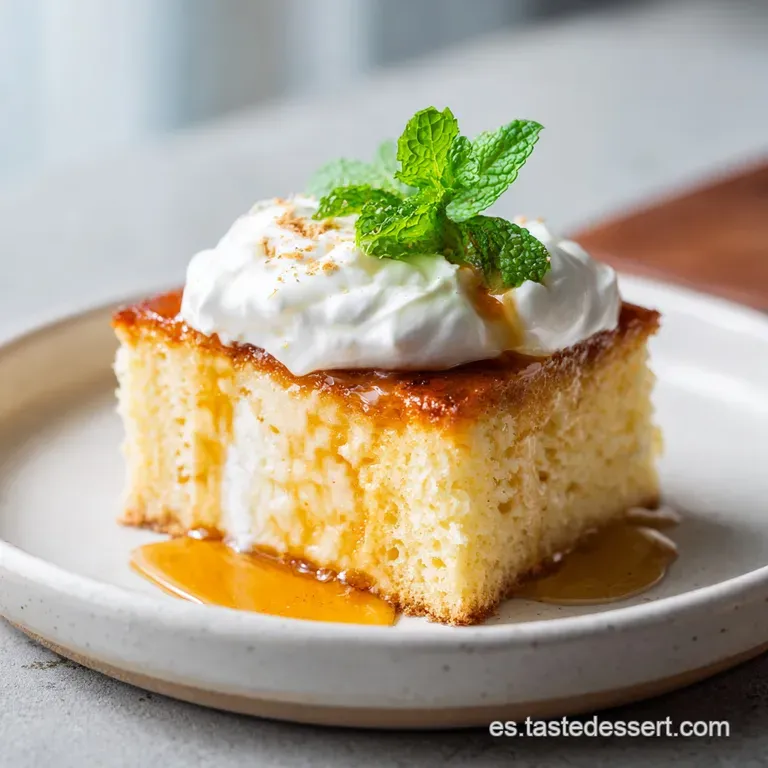 A slice of moist Tres Leches cake on a white plate, drizzled with caramel, showcasing the creamy layers and airy topping.