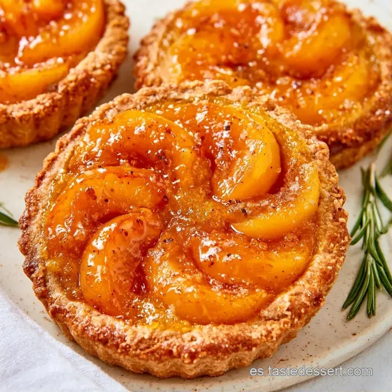Tartaleta de frutas anaranjadas sobre plato blanco, adornada con una rama de romero fresco y azúcar glass espolvoreada.