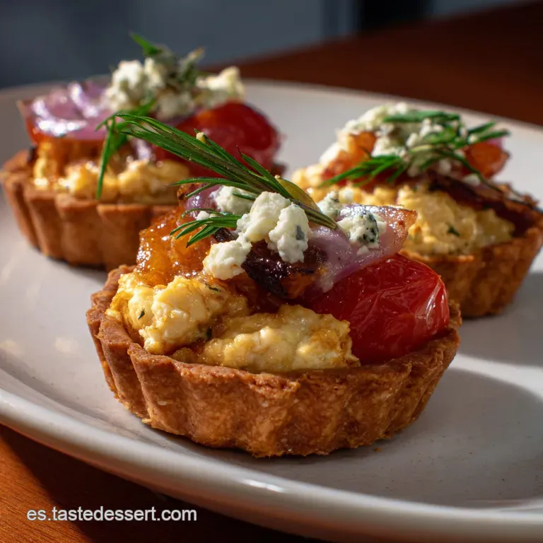 Elegant, individual tartlets arranged on a white plate, showcasing a spectrum of textures with a scattering of fresh herbs...