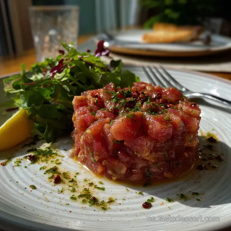 Elegant plate showcasing precisely diced tuna, artfully arranged with avocado and a scattering of microgreens; a refreshin...