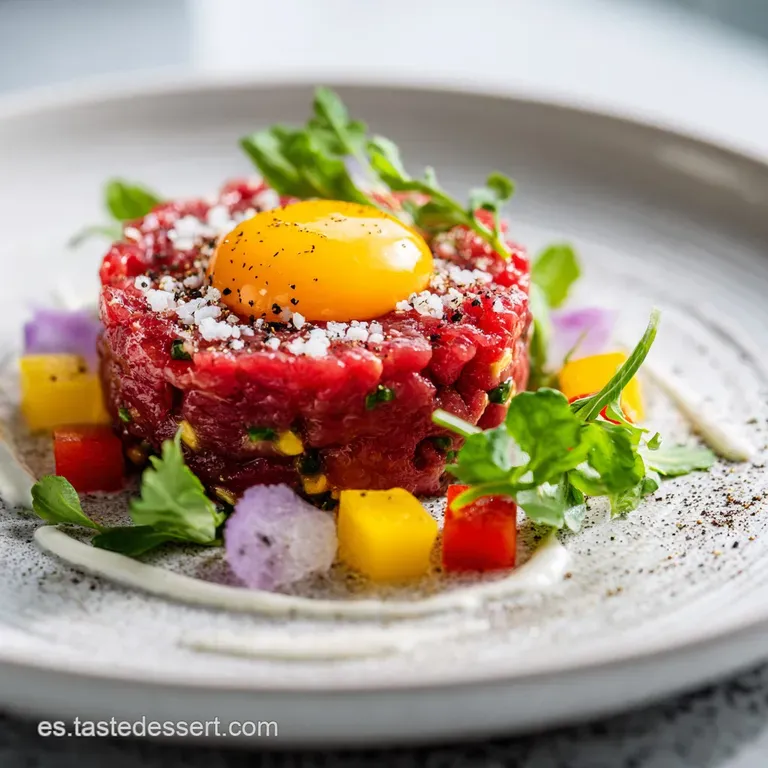 Stylishly plated beef tartare; a raw mound of ruby-red meat. Garnished with herbs and a drizzle of olive oil, ready to eat.