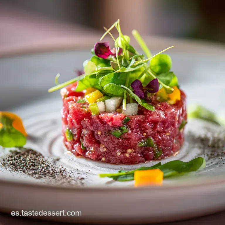 Elegant plate of bright red beef tartare, molded beautifully with a quail egg yolk resting on top, ready to be savored.