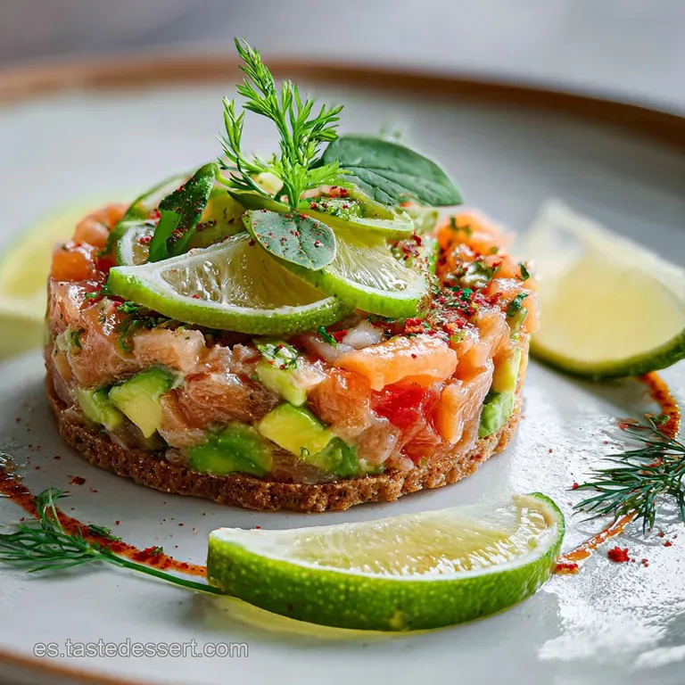 Salmon tartar elegantly plated. Delicate avocado fans and citrus zest add pops of color and fresh appeal.