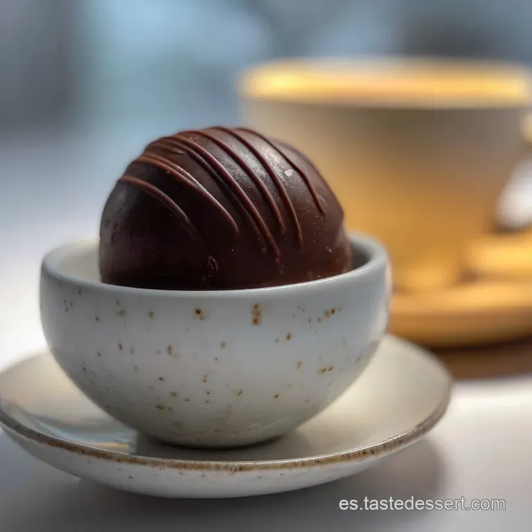 Three glossy, dark chocolate truffles nestled on a white plate, sprinkled with cocoa. Elegant, minimalist dessert presenta...
