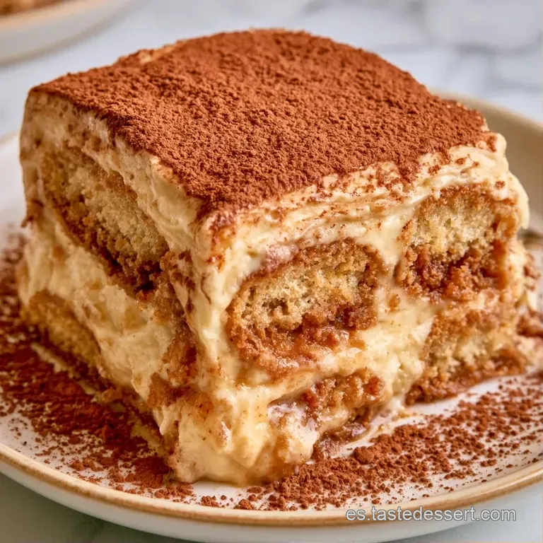 Rebanada cuadrada con capas alternas de crema aterciopelada y bizcocho húmedo, decorada con cacao y una hoja verde.