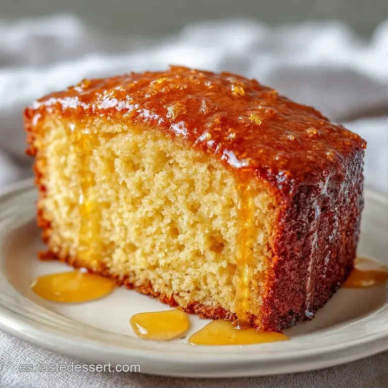 Rebanada de bizcocho esponjoso y h&uacute;medo sobre plato blanco, adornada con frutos rojos y un glaseado brillante.