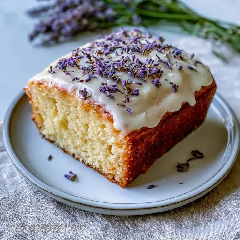 Porci&oacute;n triangular sobre plato blanco, decorada con una rodaja de lim&oacute;n fresco y una rama de lavanda arom&aacute;tica.