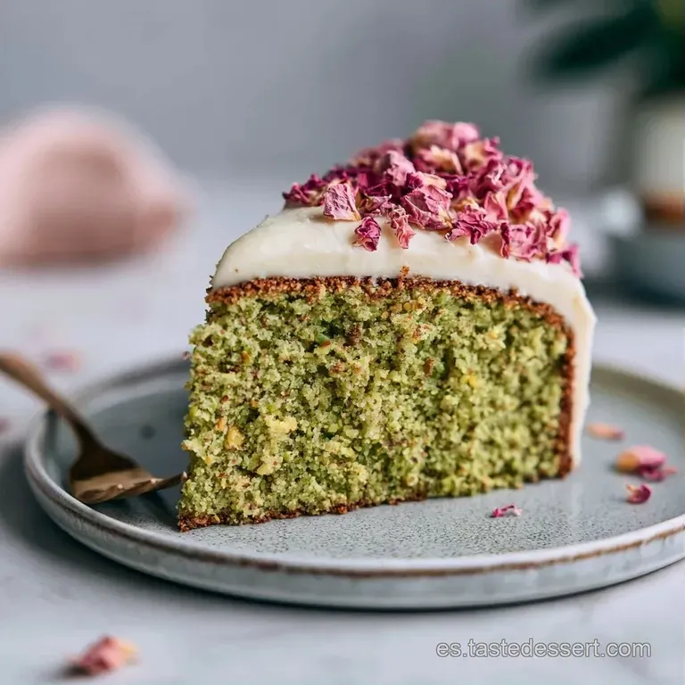 Montaje elegante sobre plato blanco con base verde cremosa, p&eacute;talos de rosa frescos y lluvia de frutos secos finos.