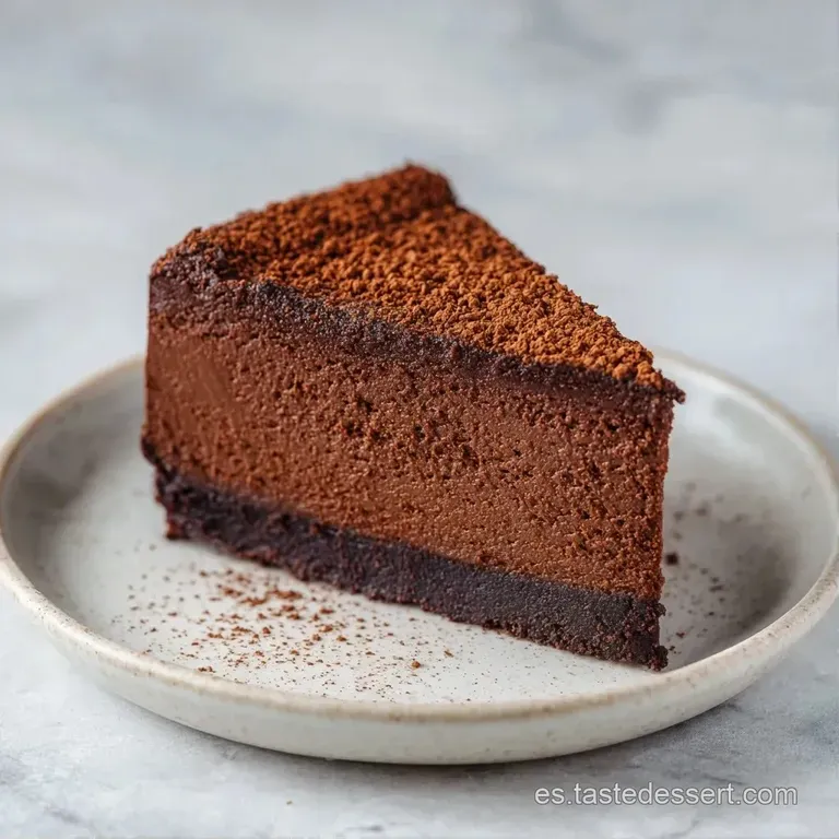 Porci&oacute;n triangular de tarta negra aterciopelada en plato blanco, adornada con frutos rojos y un toque de cacao en polvo