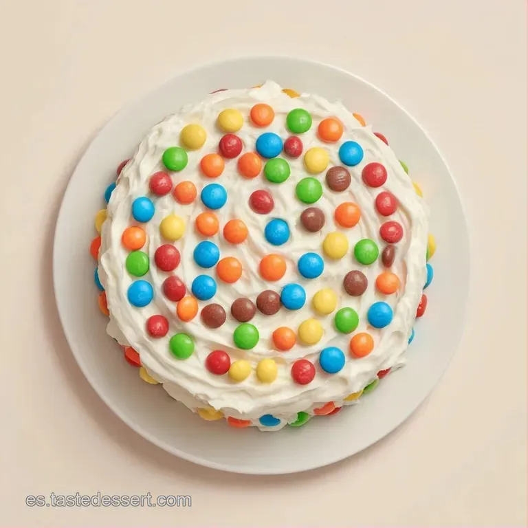 Pastel colorido sobre base blanca, con capas de bizcocho esponjoso, relleno cremoso y lluvia de caramelos brillantes.